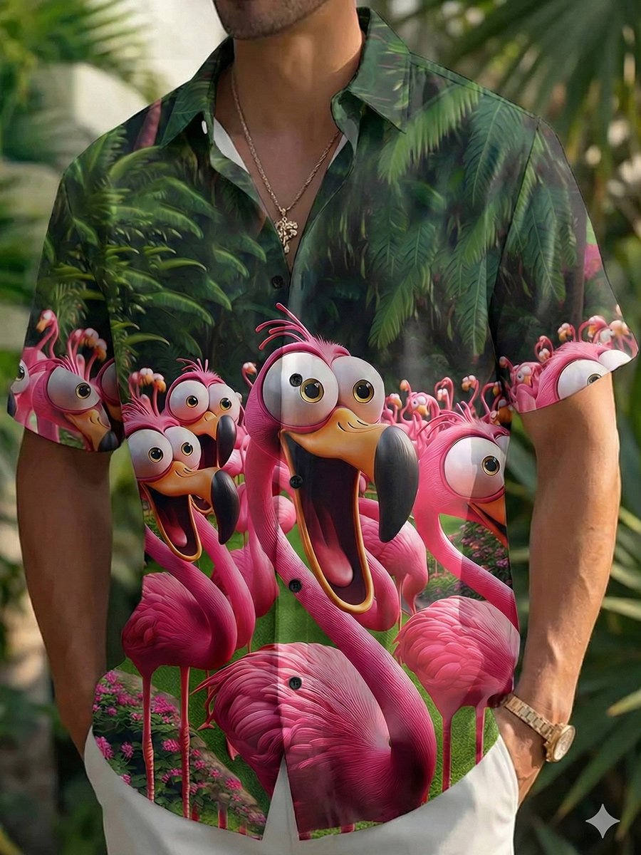 Royaura® Beach Resort Men's Hawaiian Shirt Flamingo Pocket Camping Shirts Big Tall