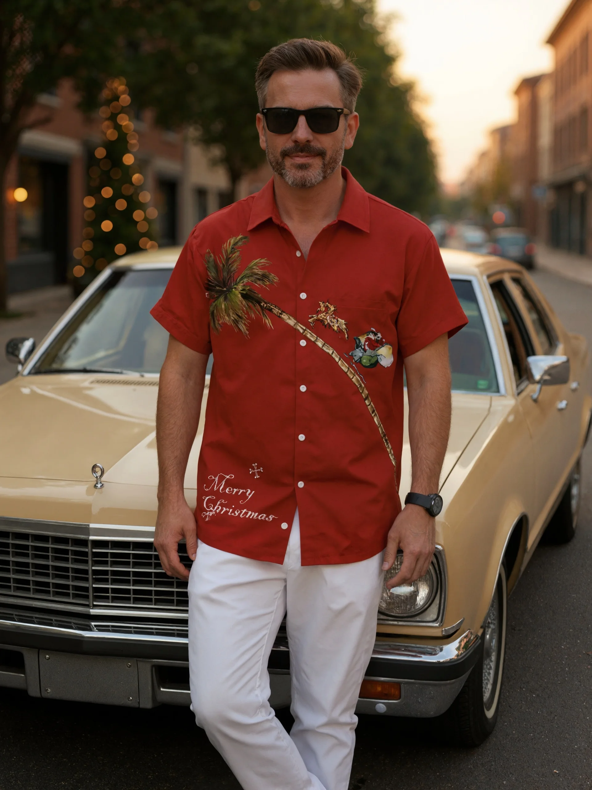 Royaura Men's Elk Coconut Tree Print Short Sleeve Christmas Hawaiian Shirt