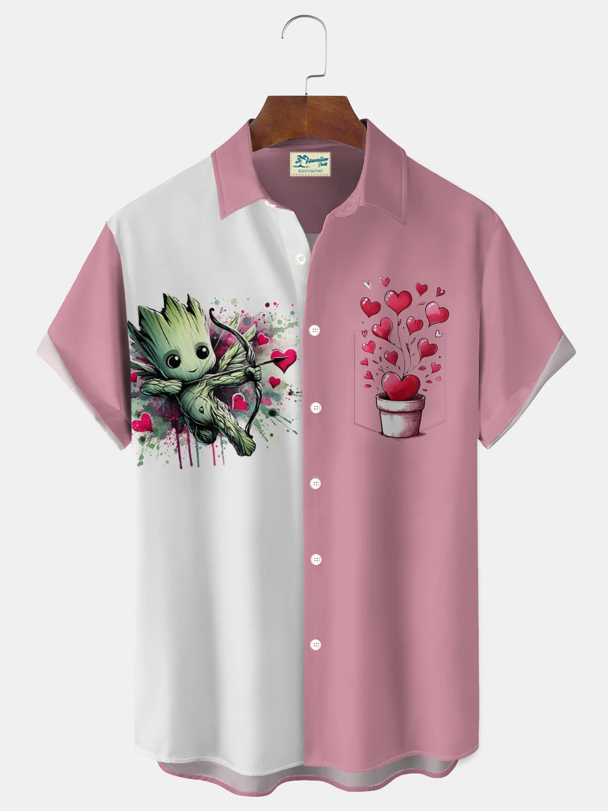 Royaura® Valentine's Day Heart Print Men's Button Pocket Short-Sleeve Holiday Shirt Big & Tall