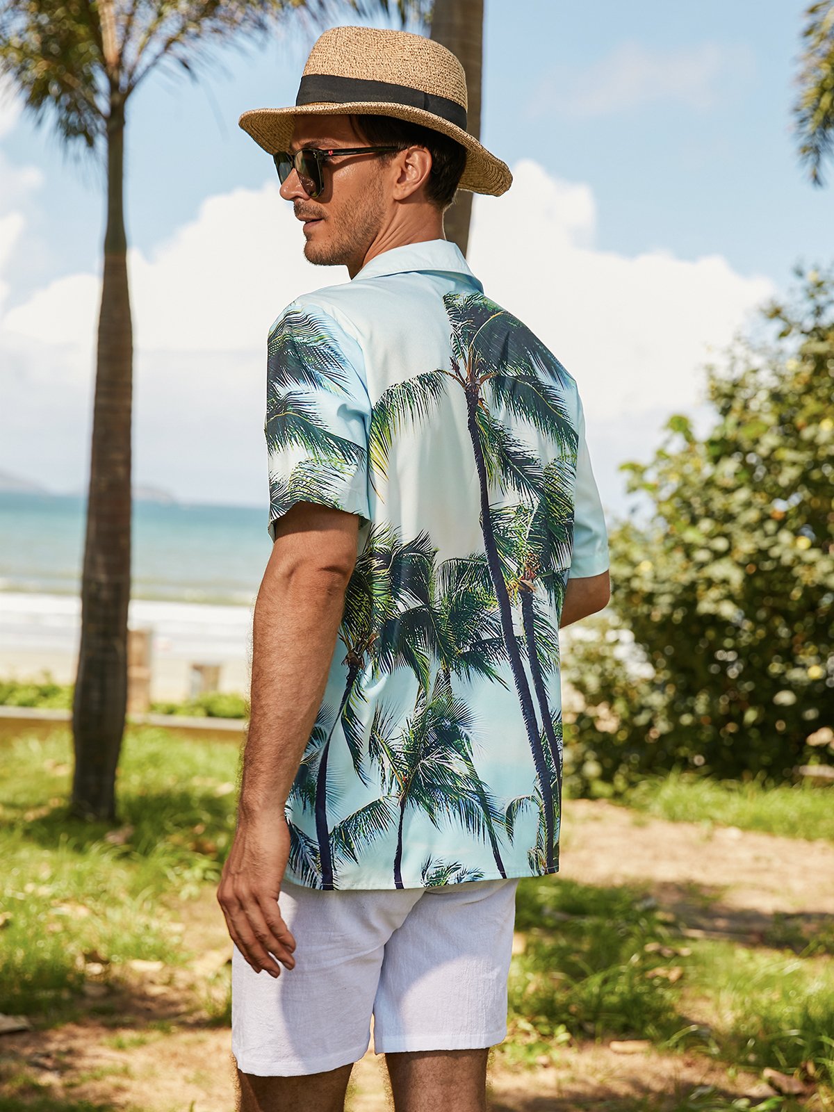 Men's Hawaiian Shirt Holiday Pattern Coconut Print Blue Comfortable Blend Short Sleeve Shirt For Couples