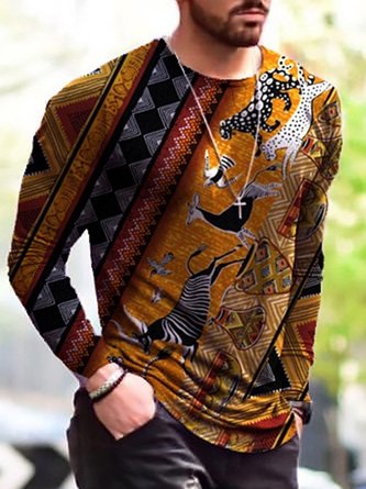 Men‘s Abstract Vintage Patchwork Print Long Sleeve T-shirt