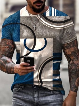 Royaura t-shirt men's abstract art print dark blue round neck short sleeve