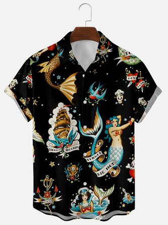 Mens Vintage Mermaid Print Lapel Casual Loose Short Sleeve Hawaiian Shirt