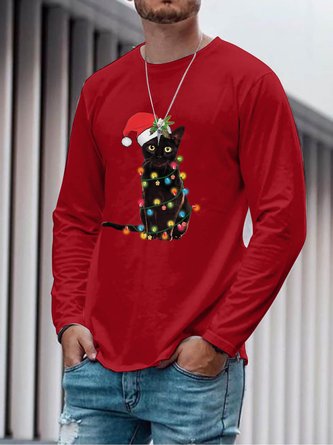 Christmas Cat Graphic Long Sleeve Loose T-shirt