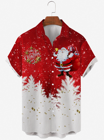 Mens Christmas Santa Snow Pine Tree Print Round Hem Loose Short Sleeve Shirts