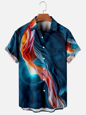 Mens Rock Wave Print Casual Breathable Chest Pocket Short Sleeve Hawaiian Shirts