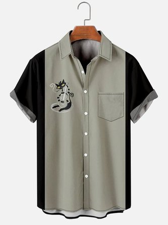 Men's Cat Playing Guitar Retro Simple Shirt With Pockets