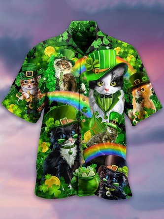 Mens Saint Patrick's Day Cats Shamrocks Hawaiian Shirt