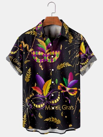 Men's Mardi Gras Mask Fireworks Print Cotton Blend Short Sleeve Hawaiian Shirt