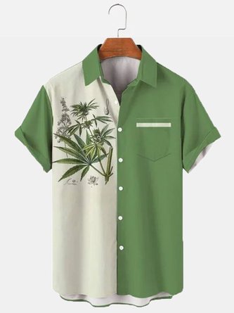 Mens Hawaiian Shirt Green Leaf Printed Cotton-Blend Basic Shirts & Tops