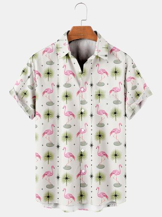 Men Women Flamingo Print Breathable Casual Hawaiian Short Sleeve Shirt