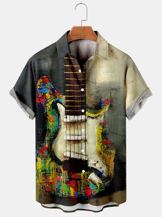Mens Music Guitar Art Painting Rock Roll Casual Breathable Short Sleeve Hawaiian Shirts