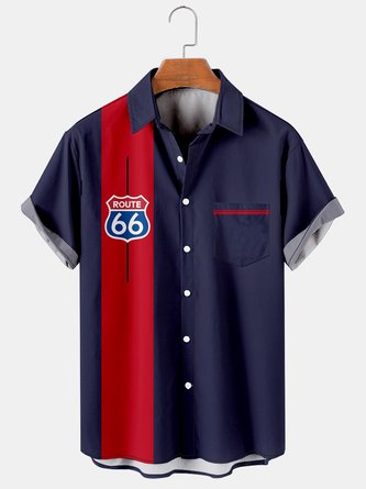 Mens Route 66 Print Casual Breathable Bowling Shirt