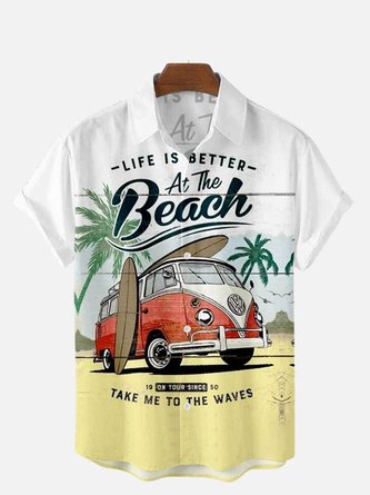Mens Hawaiian Shirt White Casual Series Bus Palm Tree Shirts & Tops