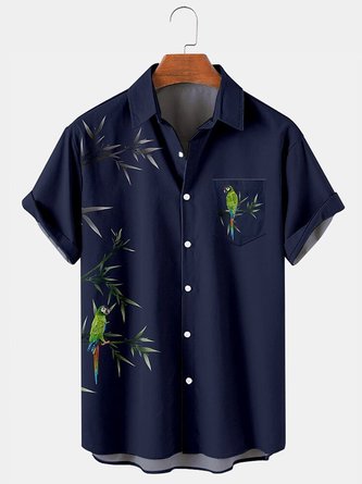 Mens Hawaiian Shirt Navyblue Cotton-Blend Casual Bird Shirts & Tops