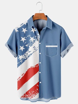 Casual Striped Pentagram Contrast Color Men's Short Sleeve Shirt with Pockets