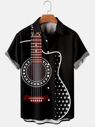 Mens Music Folk Pop Guitar Print Casual Breathable Short Sleeve Hawaiian Shirts