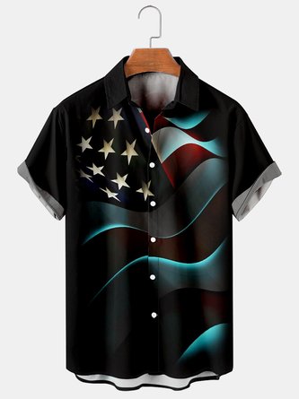 Flag Pattern Men's Casual Chest Pocket Short Sleeve Bowling Shirt