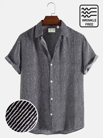 Men's Black Vintage Casual Striped Shirts Seersucker Wrinkle Free Tops