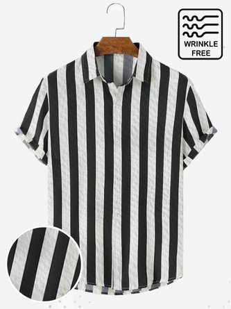 Mens Plain Vertical Striped Lapel Casual Seersucker Wrinkle Free Short Sleeve Shirts