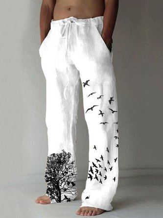 Men's Casual Natural Fiber Bird Print Drawstring Casual Trousers