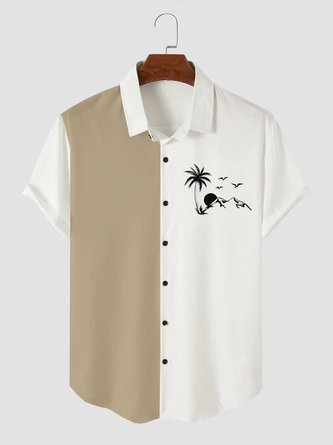 Men's Casual Simple Beach Coconut Tree Patchwork Short Sleeve Hawaiian Shirt