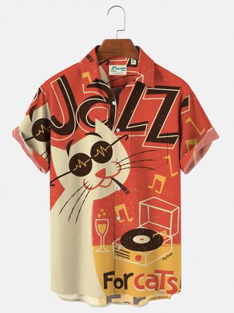 Men's 50's Vintage Jazz Casual Shirts Cat Wrinkle Free Plus Size Tops