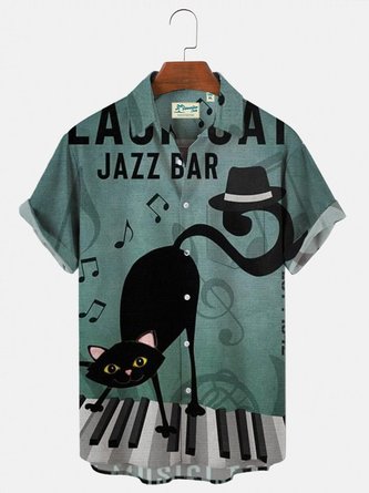Men's Green Vintage Jazz Cat Casual Shirts Wrinkle Free Plus Size Tops