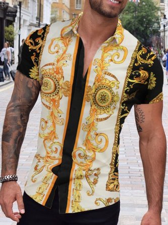 Men's Retro Short-Sleeved Shirt with collar printed yellow pattern Tops