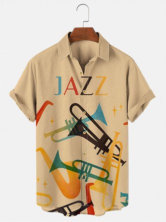 Men's Vintage Jazz Instrument Print Short Sleeve Hawaiian Shirt