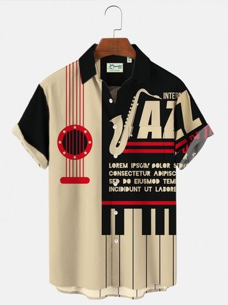 Men's Vintage Jazz Music Guitar Casual Shirts Wrinkle Free Plus Size Tops