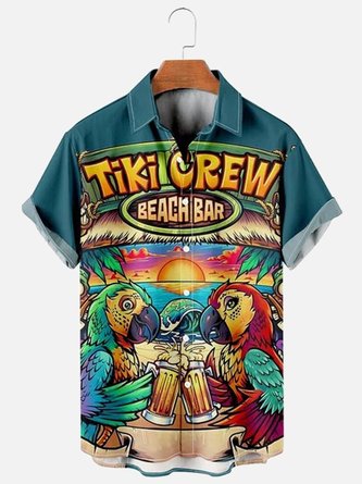 Men's Parrot Tiki Bar Print Loose Short Sleeve Hawaiian Shirt