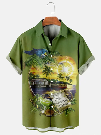 Men Jimmy Buffett Margaritaville Waikiki Print Short Sleeve Hawaiian Shirt