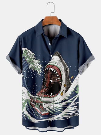 Men's Casual Ocean Creatures Shark Wave Print Short Sleeve Hawaiian Shirt