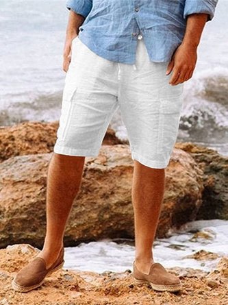 Men's Leisure Holiday Solid Color Natural Fiber Multi-Pocket Beach Cargo Shorts