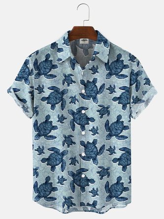 Men's Ocean Creatures Sea Turtle Print Hawaiian Short Sleeve Hawaiian Shirts