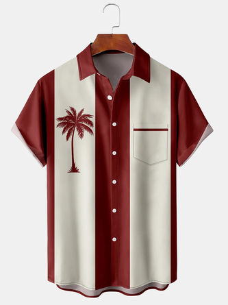 Mens Retro Coconut Tree Print Lapel Loose Chest Pocket Short Sleeve Funky Bowling Shirts