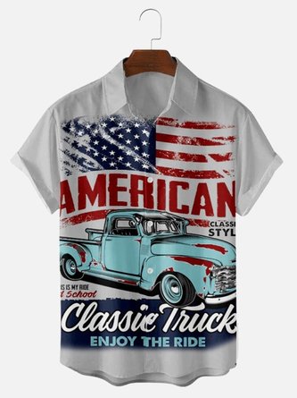Men's Retro Car American Flag Print Short Sleeve Shirt