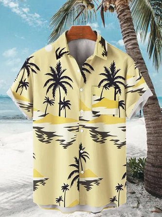Men's Vacation Palm Tree Print  Hawaiian Wrinkle Free Breathable Short Sleeve Shirt