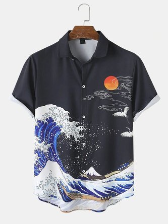 Mens Wave & Carp Ukiyoe Print Lapel Short Sleeve Japanese Style Shirts