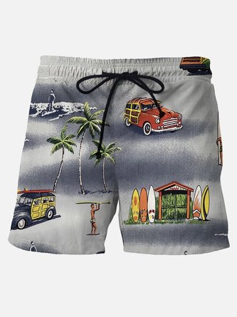 Men's Holiday Hawaiian Beach Shorts Palm Tree Car  Wrinkle Free Quick Dry Pants