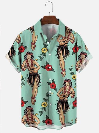 Men's Ethnic Hula Pinup Print Short Sleeve Hawaiian Shirt
