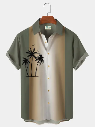 Men's Vintage Bowling Shirts Hawaiian Gradient Palm Tree Wrinkle Free Short Sleeve Shirt