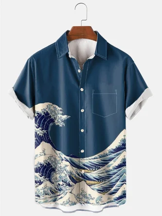 Men's Japanese Ukiyoe Wave Print Casual Breathable Cotton-Blend Printed Vintage Shirts