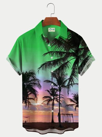 Men's Holiday Hawaiian Shirts Palm Tree Sunset Wrinkle Free Plus Size Hawaiian Tops