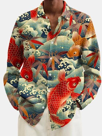 Men's Vintage Koi Fish Print Loose Breathable Long Sleeve Shirt