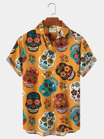 Shirt Collar Halloween Skull Print Hawaiian Shirt Top