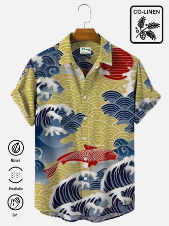 Natural Fiber Men's Japanese Style Beach Hawaiian Short Sleeve Shirt