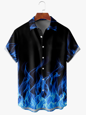 Men's Fire Print Anti-Wrinkle Moisture Wicking Fabric Fashion Hawaiian Lapel Short Sleeve Shirt