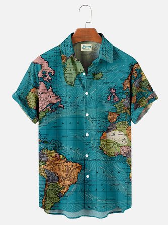 Men's Casual Simple World Map Print Short Sleeve Hawaiian Shirt